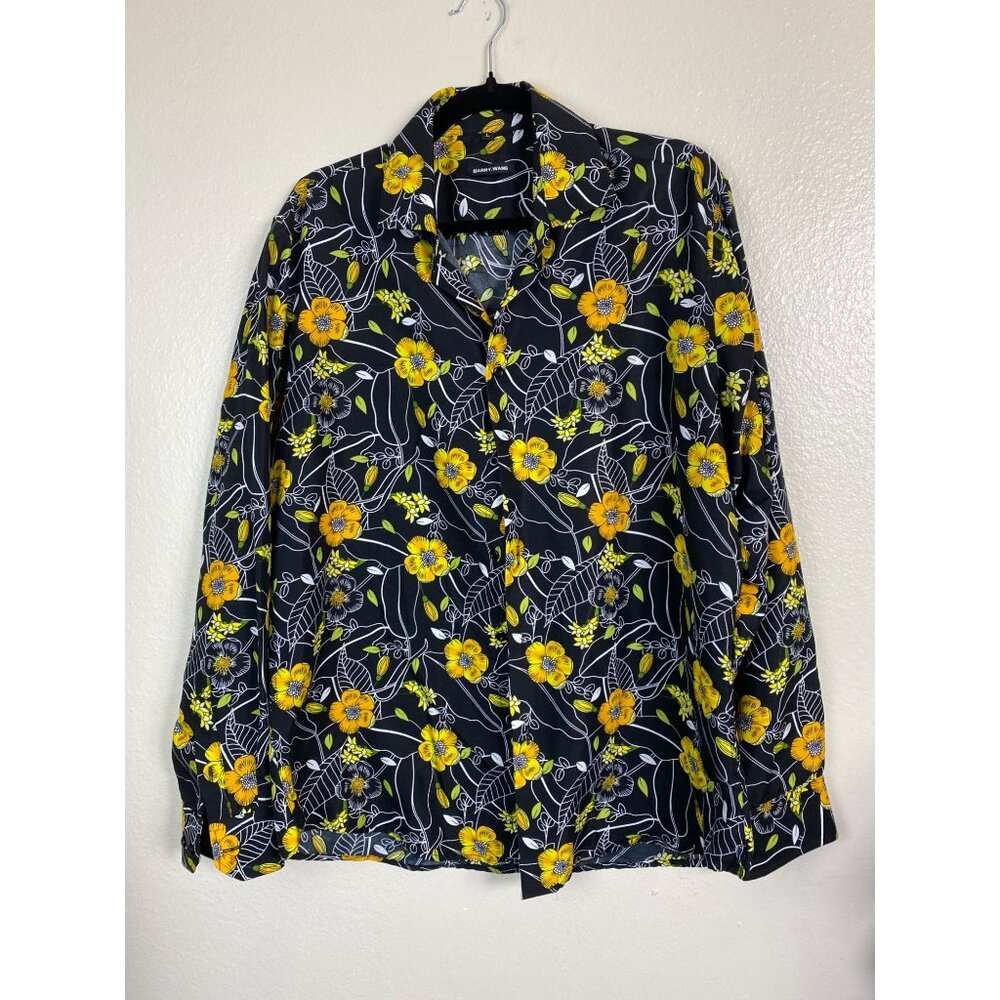 Barry Wang Mens Long Sleeve Floral Dress Shirt Size‎ Large Black Yellow Hawaiian